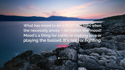 A photo of a rocky shore, with a quote from Dune. What has mood to do with it? You fight when the necessity arises - no matter the mood! Mood's a thing for cattle or making love or playing the baliset. It's not for fighting.